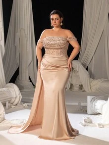 Faeriesty Curve Plus Elegant Off Shoulder Lace Up Backless Sequin Bodice Mermaid Hem Formal Party Dress, Formal Banquets, Upscale Weddings, And Corporate Award Ceremonies. - Champagne - View 7