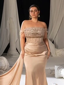Faeriesty Curve Plus Elegant Off Shoulder Lace Up Backless Sequin Bodice Mermaid Hem Formal Party Dress, Formal Banquets, Upscale Weddings, And Corporate Award Ceremonies. - Champagne - View 8