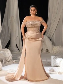 Faeriesty Curve Plus Elegant Off Shoulder Lace Up Backless Sequin Bodice Mermaid Hem Formal Party Dress, Formal Banquets, Upscale Weddings, And Corporate Award Ceremonies. - Champagne - View 4