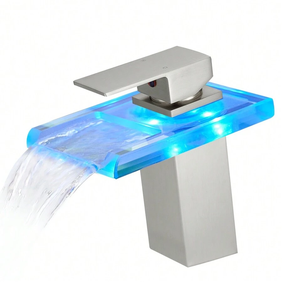 Bathroom Sink Faucet LED Light 3 Colors Changing Waterfall Glass Spout