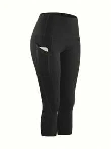 Plus Size 1-Piece Women's Capri Yoga Pants, High Waisted, Hip Lifting, Slim Fit Fitness Pants, Side Pockets, Sport Bottom Yoga Pants, Women's Elastic Tight Jump Exercise Bottom Pants, Sport Pants - Black - View 5