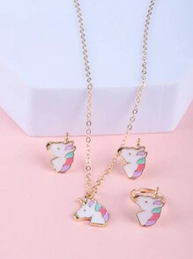 1 套女孩首饰套装，金色锌合金手链项链耳环戒指套装，带花朵和独角兽设计，生日/节日/派对礼物，圣诞礼物 - 彩色 - 查看 3