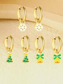 1 Cặp mặt dây chuyền chuông cây thông Noel bằng thép không gỉ hình bông tuyết, hoa tai vòng tròn, trang sức không phai, phụ nữ, trang phục dự tiệc Giáng sinh hàng ngày - Vàng - Xem 8