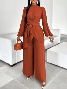 AIJ Amarilo 女士时尚系带前长袖腰带宽松休闲衬衫搭配阔腿裤，适合节日、新娘送礼会和特殊场合