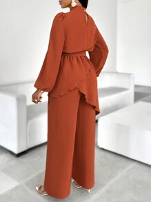 AIJ Amarilo 女士时尚系带前长袖腰带宽松休闲衬衫搭配阔腿裤，适合节日、新娘送礼会和特殊场合