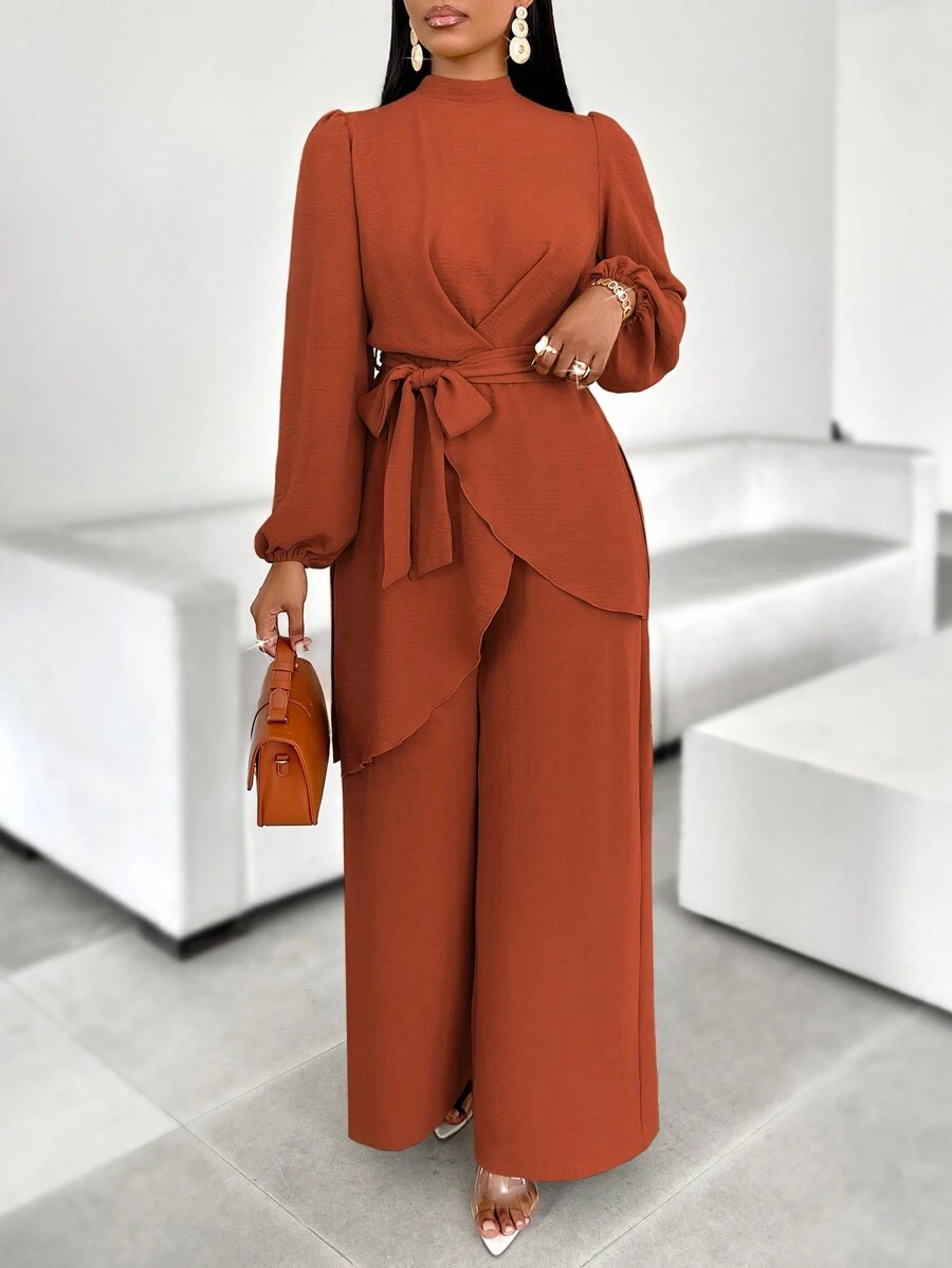 AIJ Amarilo 女士时尚系带前长袖腰带宽松休闲衬衫搭配阔腿裤，适合节日、新娘送礼会和特殊场合