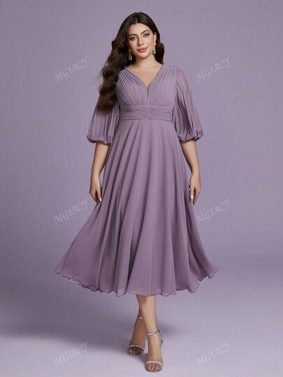 Plus Size Mgiacy Deep V-Neck Pleated Maxi Chiffon Dress,Bridesmaid Dress