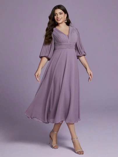 Vestido maxi de gasa con cuello en V profundo y plisado, talla grande, vestido de dama de honor para boda y fiesta de primavera