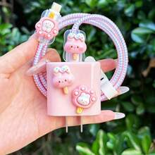 5 件 3D 卡通冰淇淋爪充电器头和手机线保护器，兼容 Apple 18W/20W - 粉色 - 查看 1