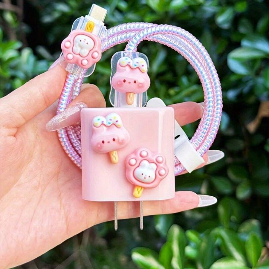 5 件 3D 卡通冰淇淋爪充电器头和手机线保护器，兼容 Apple 18W/20W - 粉色 - 查看 1
