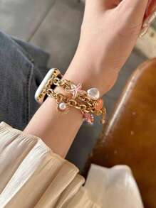1pc Compatible With Apple Watch Bracelet Apple WatchBand Women's Exquisite Pendant Bracelet Gold Compatible With Apple Watch Strap 38/40/41/42/44/45/46/49mm Ultra 2/1 Marine Metal Bracelet With Pink Starfish, Pearl Conch And Shell Pendant Bohemian Holiday Style Creative Dopamine Color System Is Suitable For Apple Watch Series 9/8/7/6/5/SE4/3/2/1. Apple Watchband Accessories