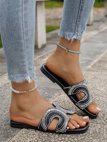 全新 4 季女士拖鞋/凉鞋，性感带水钻钩环平底舒适软底沙滩度假鞋 - 黑色 - 查看 8