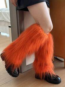 1 Pair Colorful Fluffy Leg Warmers With Punk Skeleton & Panda Striped Pattern, Warm And Over The Knee