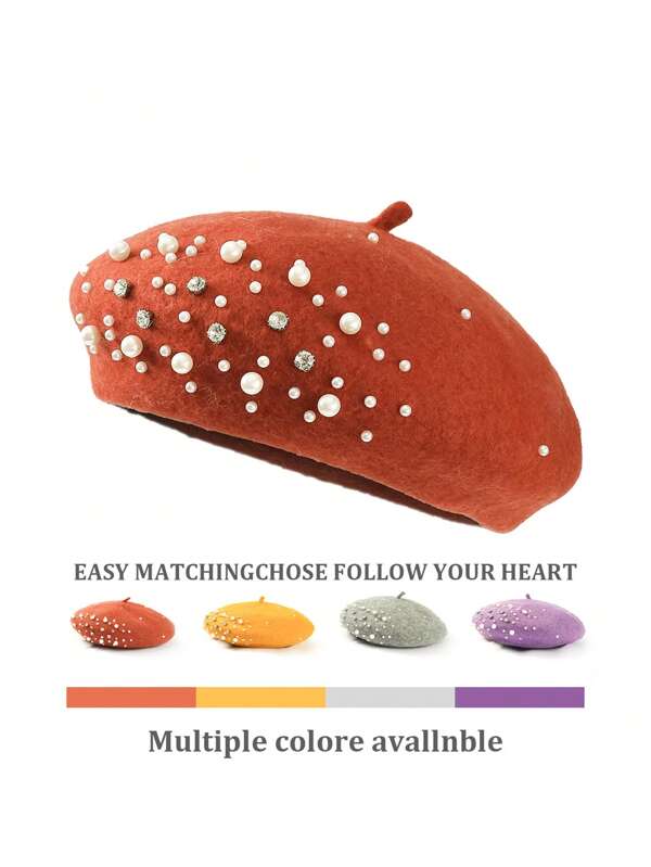 1pc Elegant Vintage Solid Color Bohemian Wool Pearl Rhinestone Beret Hat, Fashion All-Match Quality Hat For Autumn/Winter