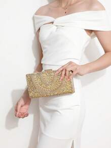 LETODE 4 Pieces Rhinestone Jewelry Set Bling Necklace Earrings Bracelets Set For Women Evening Clutch Bag Bridal Wedding Women Evening Party Bridal Purse Silver Sparkling Crystal Diamond Clutch Women's Handheld Evening Metal Chain Bag Handbag Crossbody Purse Bag For Women And Girls - 金色 - 查看 4