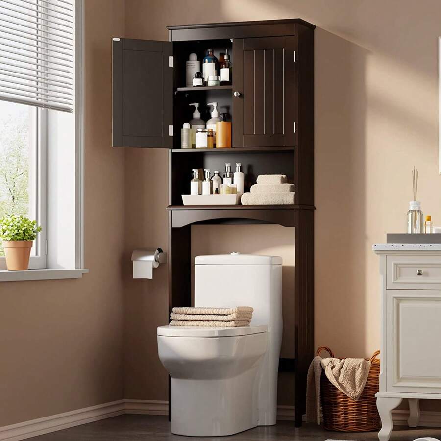 66" Above Toilet Storage Cabinet, Toilet Storage Rack, Bathroom Cabinet With Adjustable Shelves And Open Cabinet, Toilet Furniture, Freestanding Shelves For Bathroom Above Toilet, Space Saving Large Above Toilet Cabinet - Nâu sẫm - Xem 1