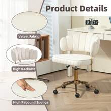 Velvet Home Office Chair, Swivel Desk Chair Vanity Chair With Gold Base, Height Adjustable Swivel Task Chair Modern Shell Back Upholstered Accent Chair With Wheels For Living Room - Beige - View 2