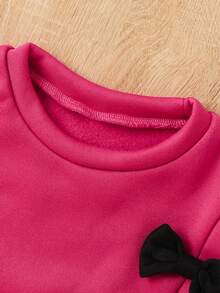 2 件套女孩时尚优雅户外运动甜美休闲简约女士可爱纯色蝴蝶结装饰毛绒圆领长袖运动衫和裤子套装，秋冬 - 彩色 - 查看 4