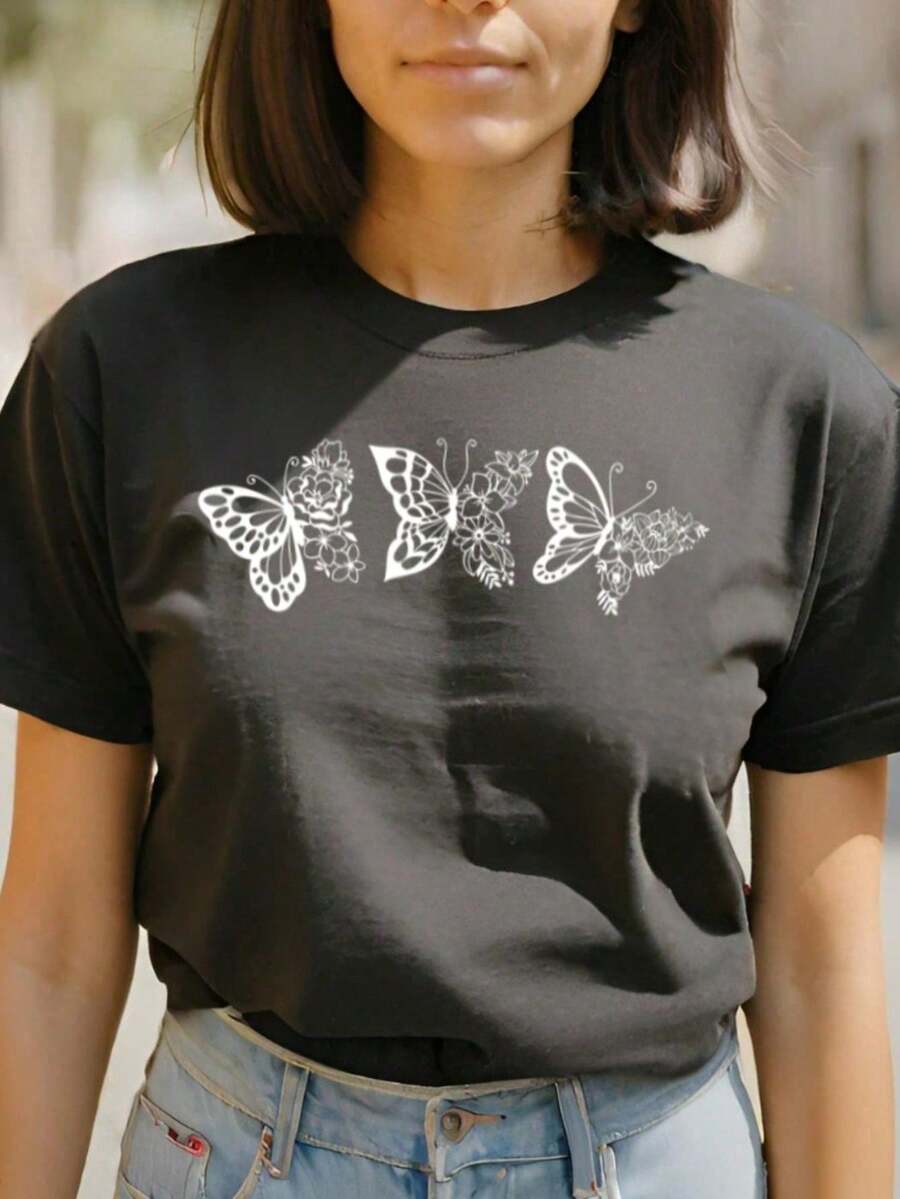 Women's T-Shirt With Three Butterflies Print - màu đen - Xem 1