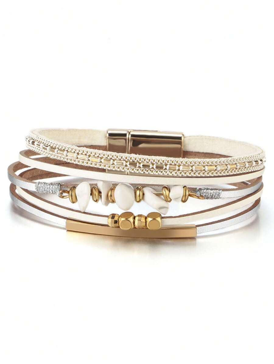 1 件女式皮绳天然石珠和铜管设计白色手链，夏季海滩配饰