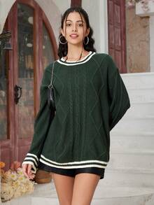 Crew Neck Casual College Style Braided Knit Sweater For Women