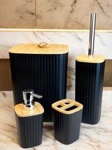 4-Piece Bathroom Set Kit, Bamboo Details - Trash Can, Toothbrush Holder, Liquid Soap Holder And Santinaria Brush. - 圓形的 - 查看 6