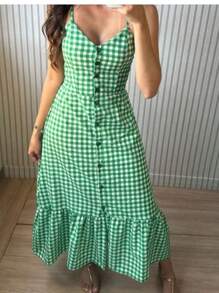 Long Crepe Dress With Padded Bra And Buttons One Size (Fits Sizes 36 To 40)H-1 - Army Green - View 2