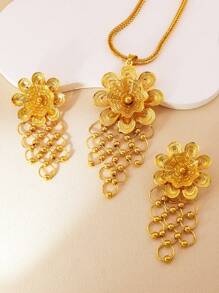 3 件套华丽金花耳环项链吊坠套装迪拜女士新娘配饰情人节、妈妈、母亲、母亲节、礼物 - 金黃色 - 查看 6