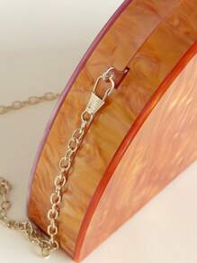 New Minimalist Semi-Circle Patchwork Metal Chain Shoulder Bag, Stylish Women Dress Party Acrylic Clutch Evening Bag, Elegant Bridal Makeup Handbag Small Square Purse - Burnt Orange - View 3