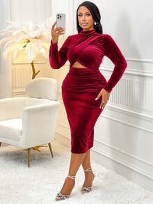 BIUBIU Plus Size Solid Stand Collar Hollow Marszczona Sukienka Z Długim Rękawem Dopasowana - Burgund - Zobacz 6