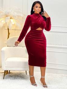 BIUBIU Plus Size Solid Stand Collar Hollow Marszczona Sukienka Z Długim Rękawem Dopasowana - Burgund - Zobacz 3