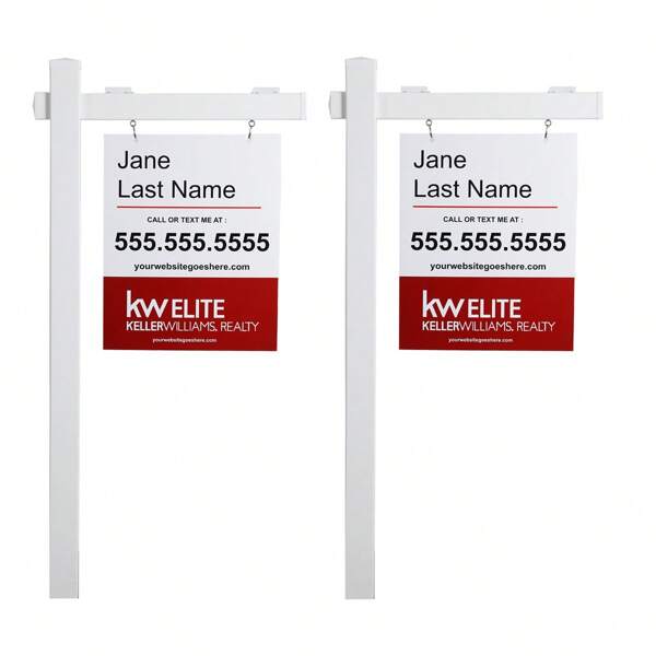 Vinyl PVC Real Estate Sign Post 6ft. Tall (4"X 4"X 72") Realtor Yard Sign Post For Open House And Home For Sale, 36" Arm Holds Up To 24" Sign, White With Flat Cap(No Sign), 2-PACK
