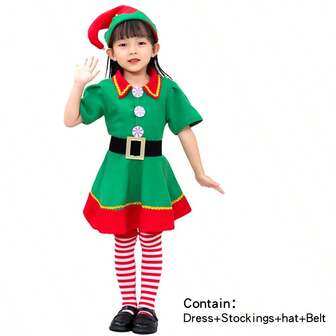 新款绿色圣诞老人服装，儿童节日盛装/家庭嘉年华和新年派对服装