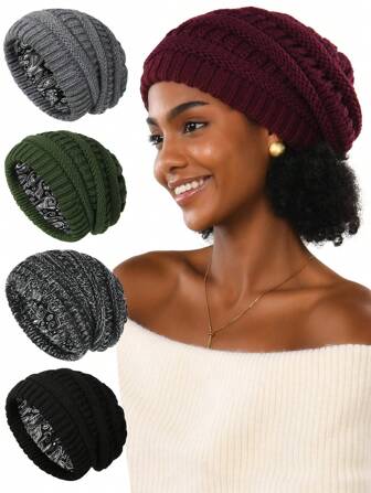 Paisleymönster Satinfodrad Kabelstickad Grov Slouchy Mössa För Vardagslivet