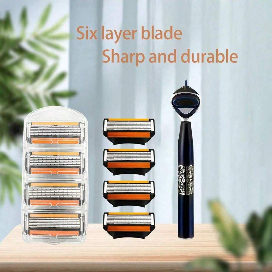 1 Giá đỡ dao, 8 đầu lưỡi dao thay thế, 1 bộ, Máy cạo râu thủ công có sáu lớp lưỡi dao, Lưỡi cạo râu, Đầu lưỡi cạo râu - trái cam - Xem 1