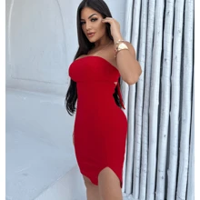 Short Strapless Dress With Leg Slit And Tie At The Back - Christmas 2025 - 紅色 - 查看 1