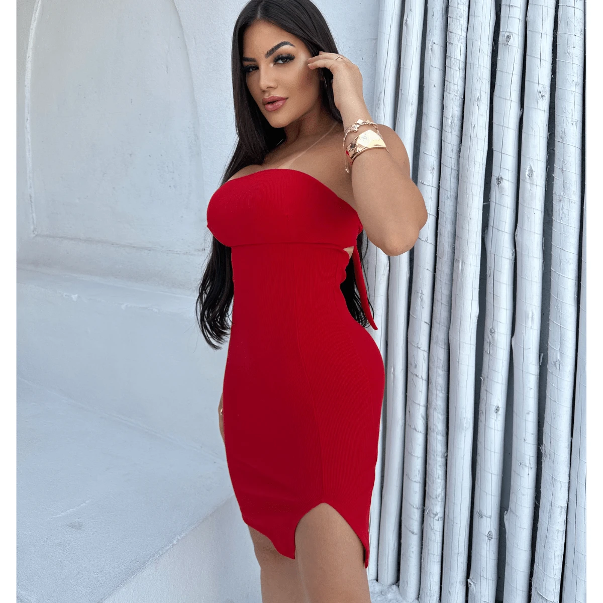 Short Strapless Dress With Leg Slit And Tie At The Back - Christmas 2025 - 紅色 - 查看 1
