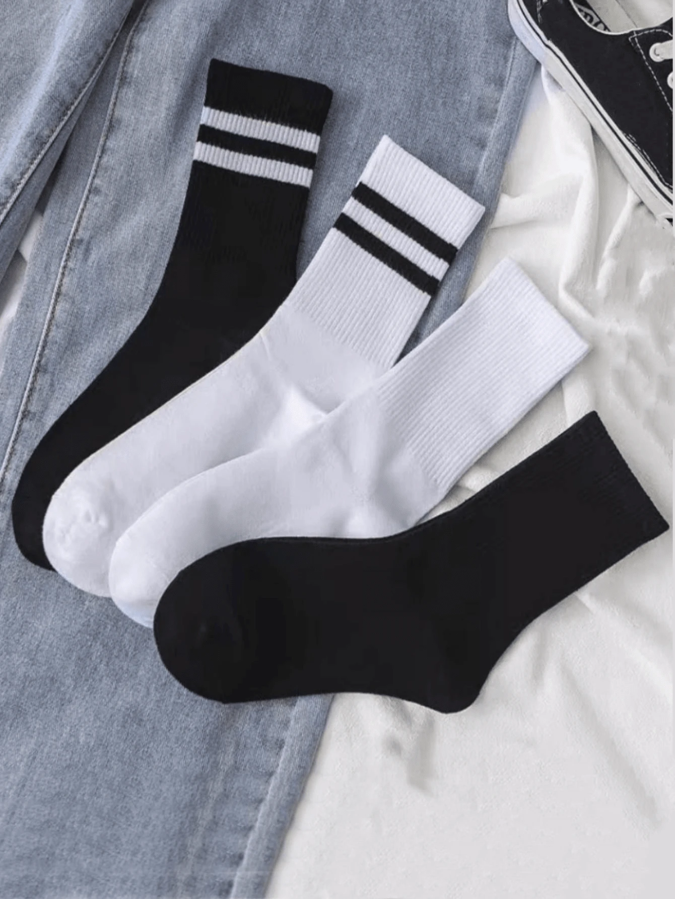 4 双纯黑色和白色中性中筒袜，4 季 - 彩色 - 查看 1