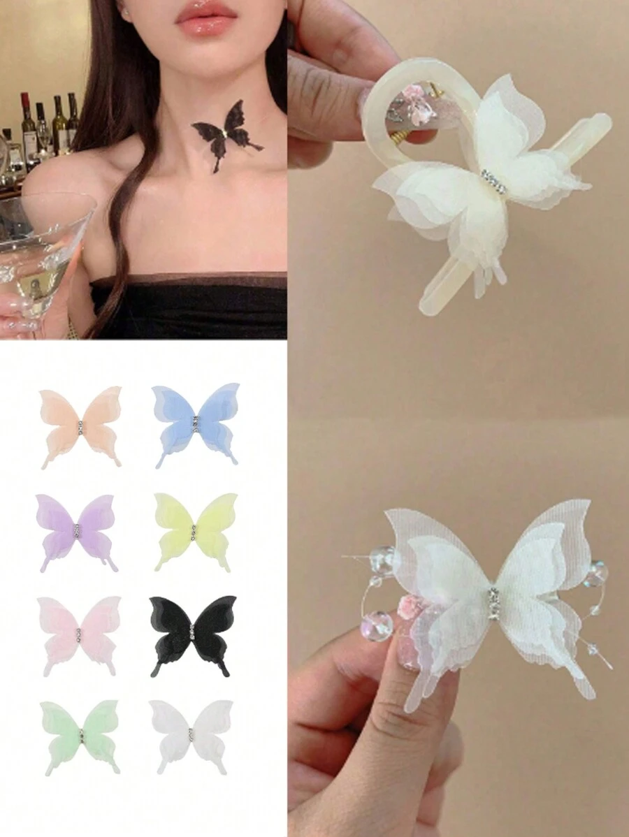 10/20 件渐变色 3D 多色欧根纱面料蝴蝶贴花半透明雪纺蝴蝶适用于 DIY 缝纫手工工艺装饰夹耳环珠宝装饰刺绣补丁服装设计材料礼服配饰薄纱蝴蝶装饰贴花新娘头发头饰材料 - 彩色 - 查看 1