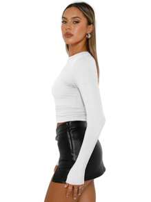 Huskary Women's Crew Neck Long Sleeve T Shirts Slim Fit Tops Sexy Basic Tee