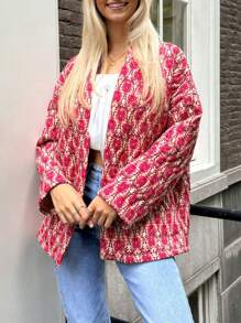 Women Winter Padded Jacket Vintage Print Open Front Quilted Long Sleeve Coat Cardigan - Red - View 7