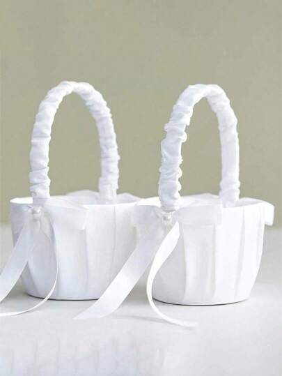 1st, Romantisk vit satinpärlbröllop Blomstertjejkorg, Bowknot Dekor Bröllopskorg, Blommor Godis Liten present Konfettikortbehållare, Bröllopsrekvisita Dekoration,Bröllopsdekor, Heminredning ,Rumsinredning Fest gynnar bruden