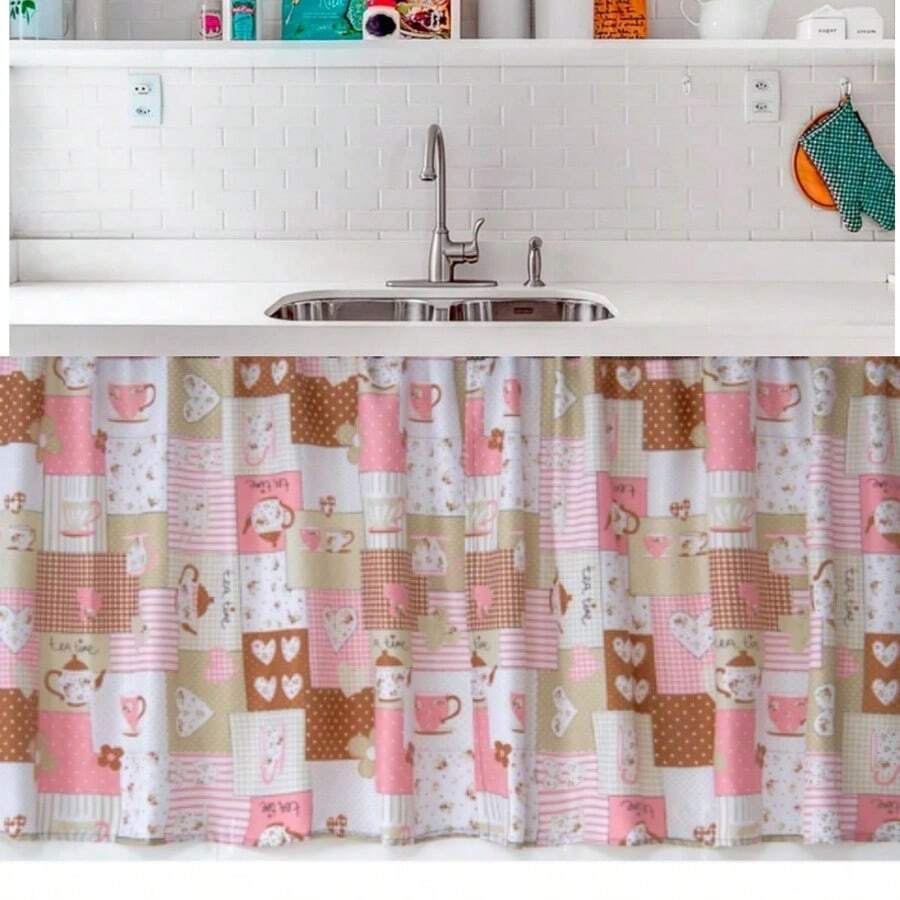 Printed Curtain Kitchen Sink Counter 1.50x0.80cm Without Eyelets - Màu Hồng baby - Xem 1