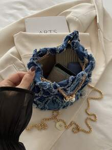 Bolso cubo de hombro con diseño de cordón y apertura con forma de diamante de unicolor y metal de moda, adecuado para compras