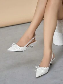 Giày cao gót hở mũi hở gót cho nữ, trang trí nơ, mũi nhọn, thanh lịch cho tiệc tùng, đám cưới, tiệc tối, màu trắng satin, lễ tình nhân mùa thu/đông, thanh lịch, giày cao gót nữ, thanh lịch, giày cao gót mèo - trắng - Xem 3