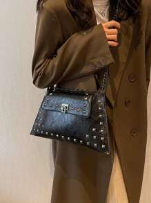复古时尚简约铆钉信封包，女士休闲通勤单肩斜挎包 - 黑色 - 查看 3