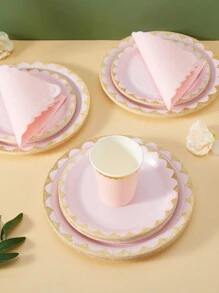 Bộ 25 chiếc đĩa giấy hoa màu hồng nhạt và vàng, khăn ăn và cốc, đồ dùng dùng một lần cho tiệc sinh nhật, đám cưới, tiệc tùng, dã ngoại gia đình - Nhiều màu - Xem 4