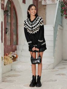 Áo len cardigan dệt kim cổ tròn Raglan thường ngày phong cách retro dài tay thời trang thu đông cho nữ - Đen và trắng - Xem 4