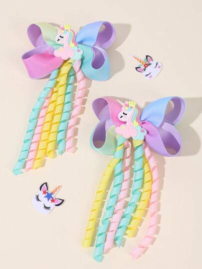 2个彩色独角兽发夹，适合女孩，可爱独角兽配饰，渐变多尾发夹，缎面鳄鱼夹，女孩和青少年发饰，朋友礼物