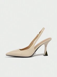 Women's Solid Color Pointed Toe High Heel Shoes, Slingback Ankle Strap Open Toe High Heels, Suitable For Outdoor Daily Wear, Commuting, Shopping, Party, Formal Occasions, Elegant And Versatile, Nude Comfortable PU Heels For Autumn